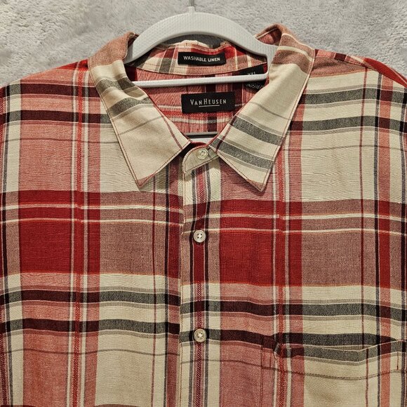 Van Heusen Mens XXL breathable Linen Plaid Red Gray Business casual vacation - Picture 7 of 14